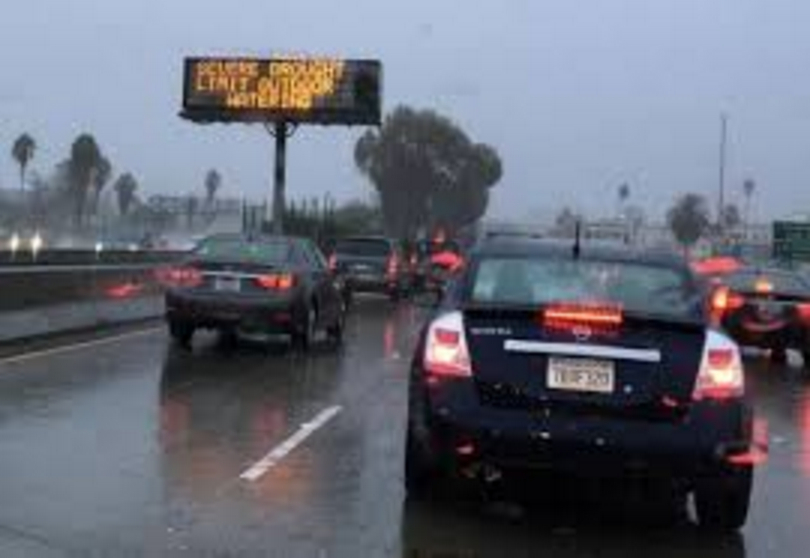 LA freeway traffic in the rain